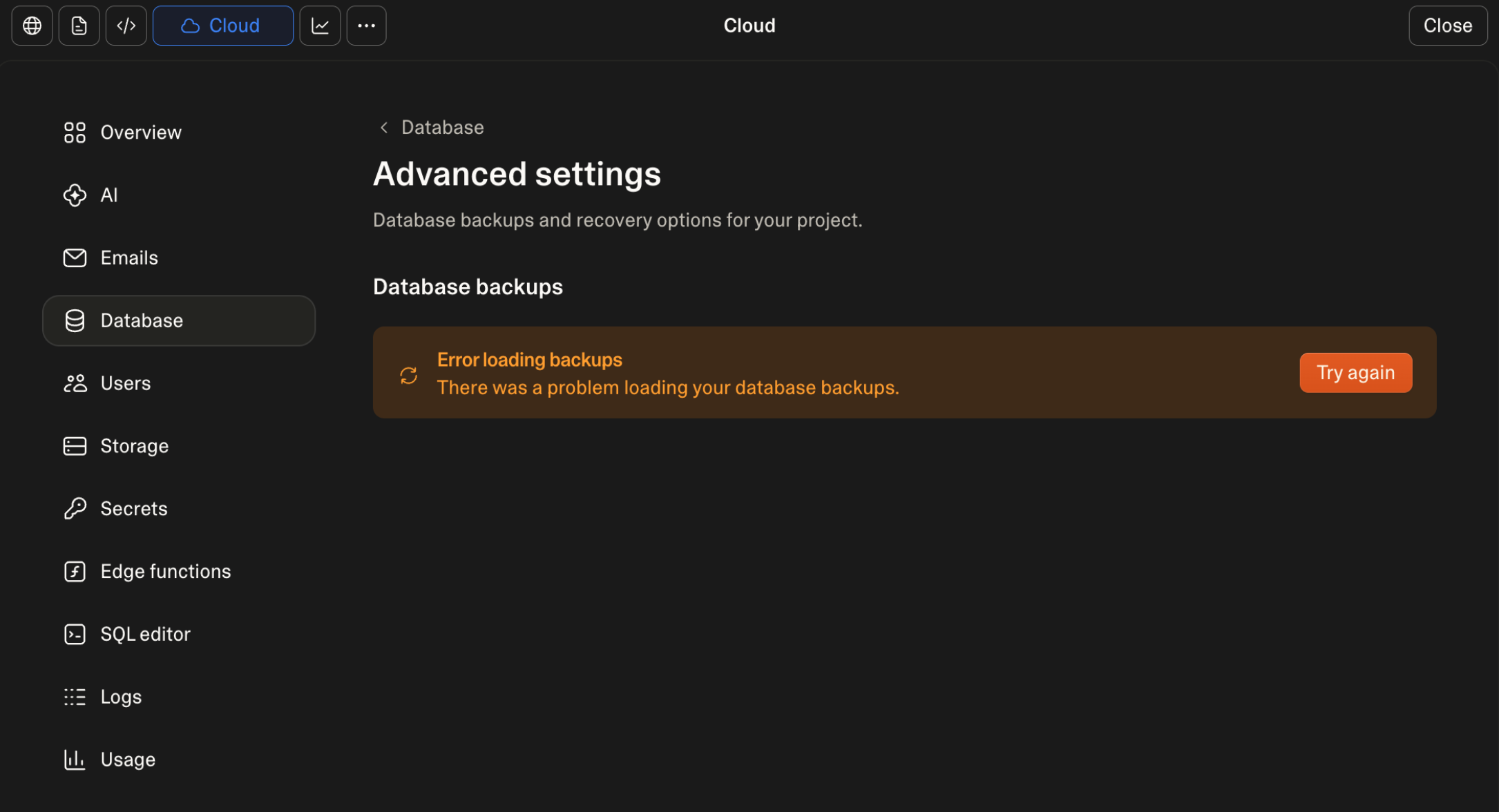 Error loading backups
