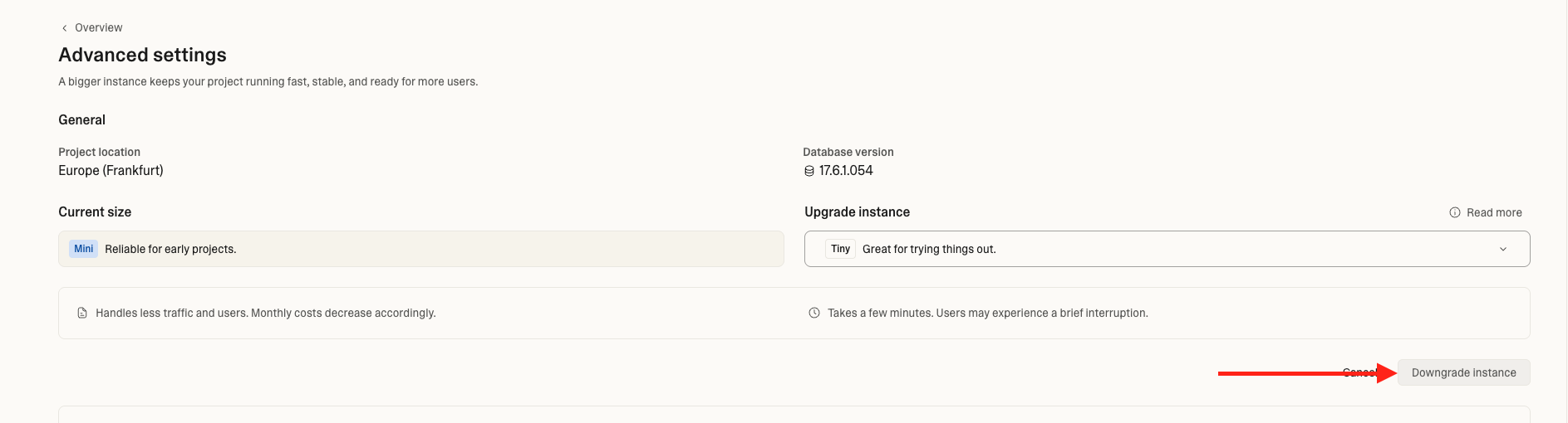 Instance resized successfully - now downgrade back