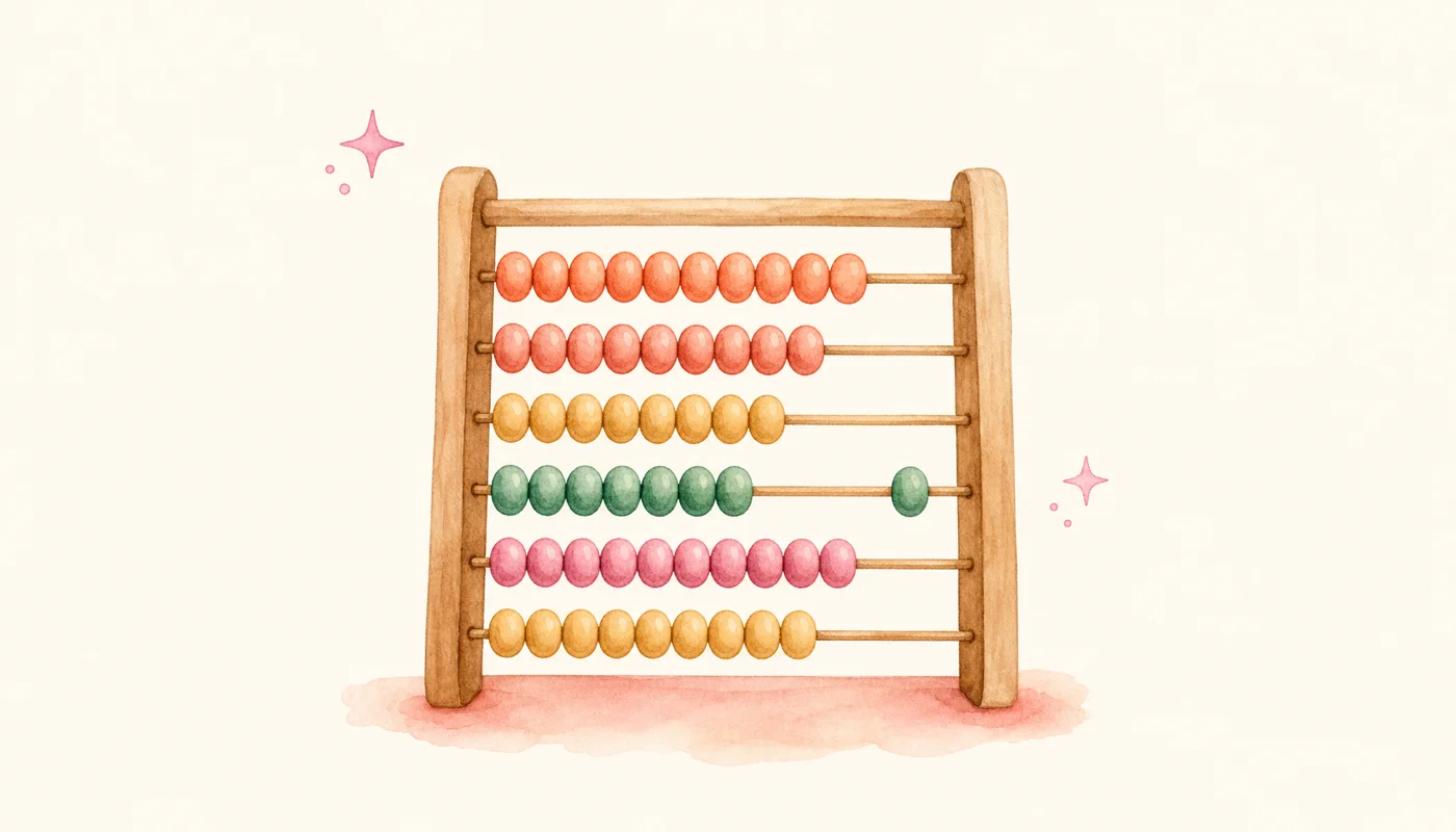 Minimal watercolor illustration of a wooden abacus with coral, gold and green beads