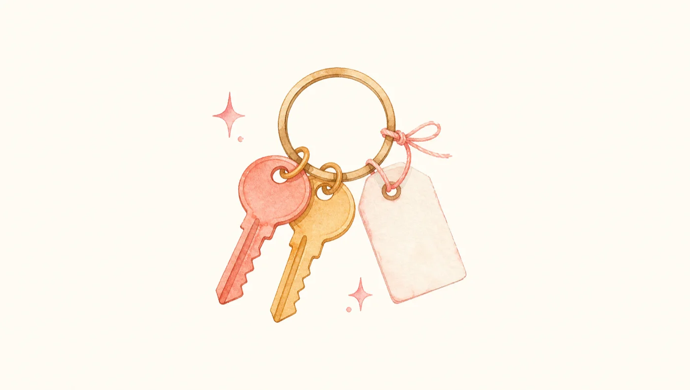 Minimal watercolor illustration of two keys on a ring with a blank paper tag