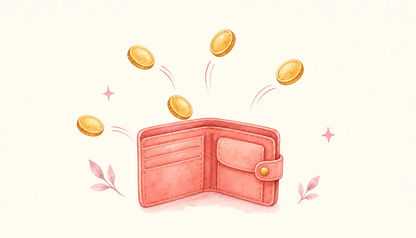 Minimal watercolor illustration of a coral wallet with gold coins raining in