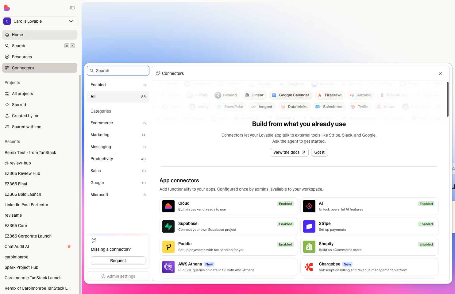 Connectors panel with Cloud and Supabase
