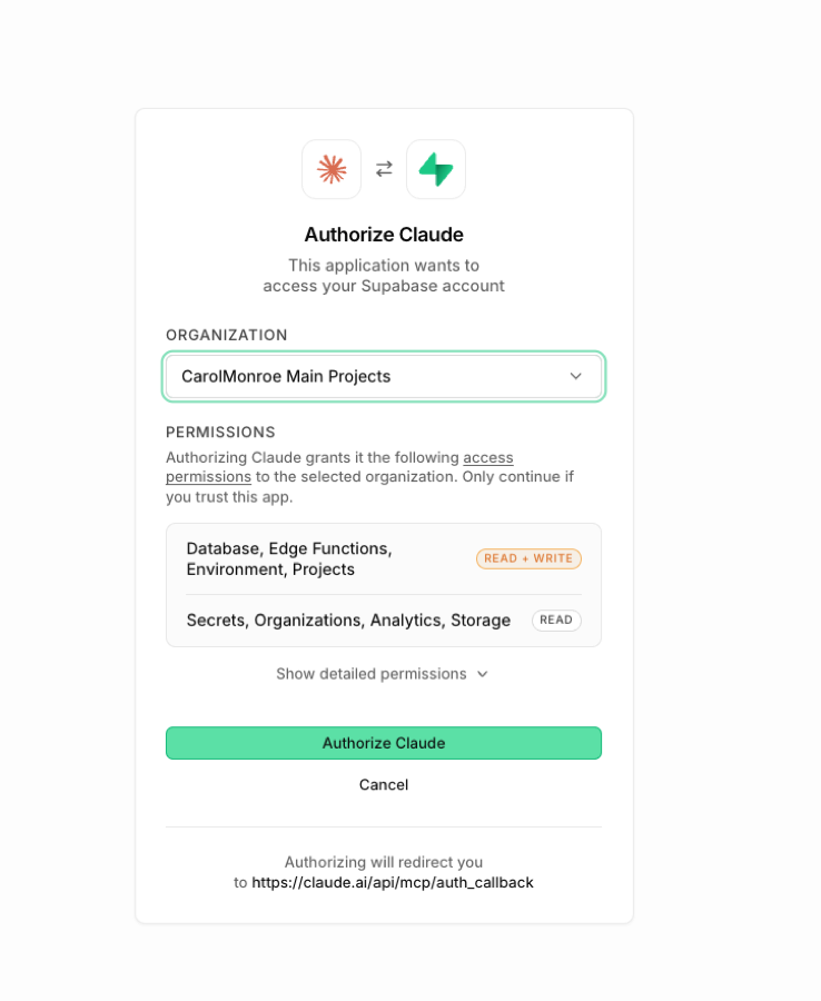 Supabase Authorize Claude screen with organization picker and permissions list