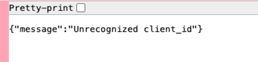 Browser tab at api.supabase.com showing a JSON body: message, Unrecognized client_id