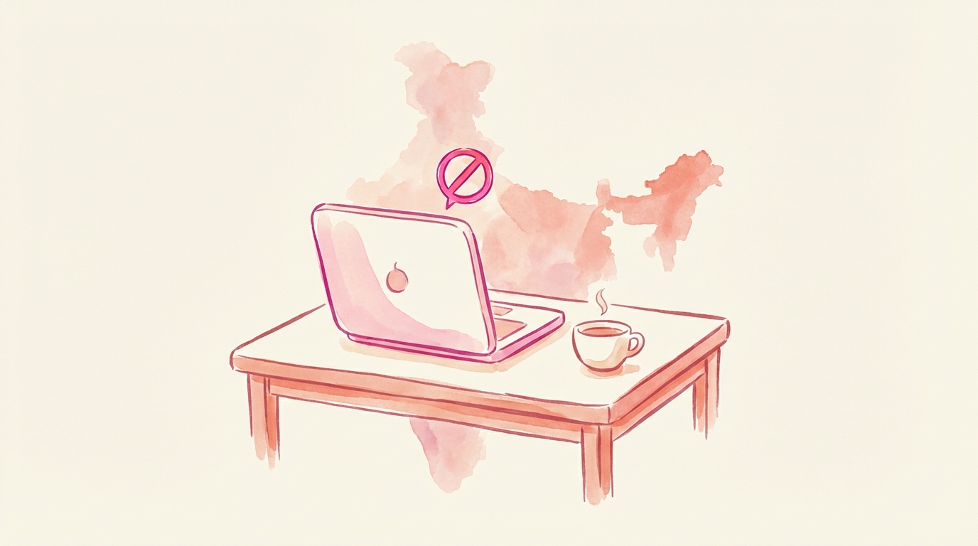 A laptop on a desk with a connection blocked symbol, with a faint map of India in the background