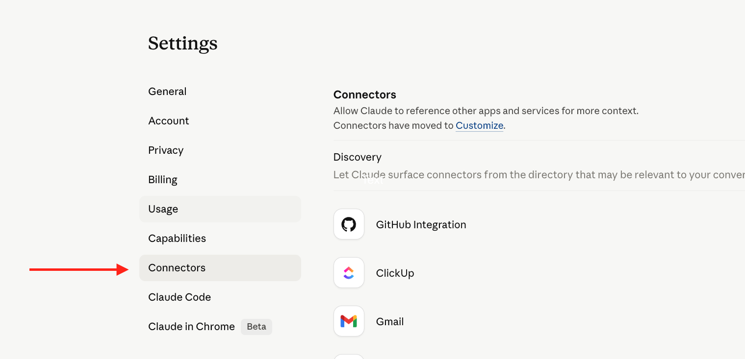 Settings sidebar - click Connectors