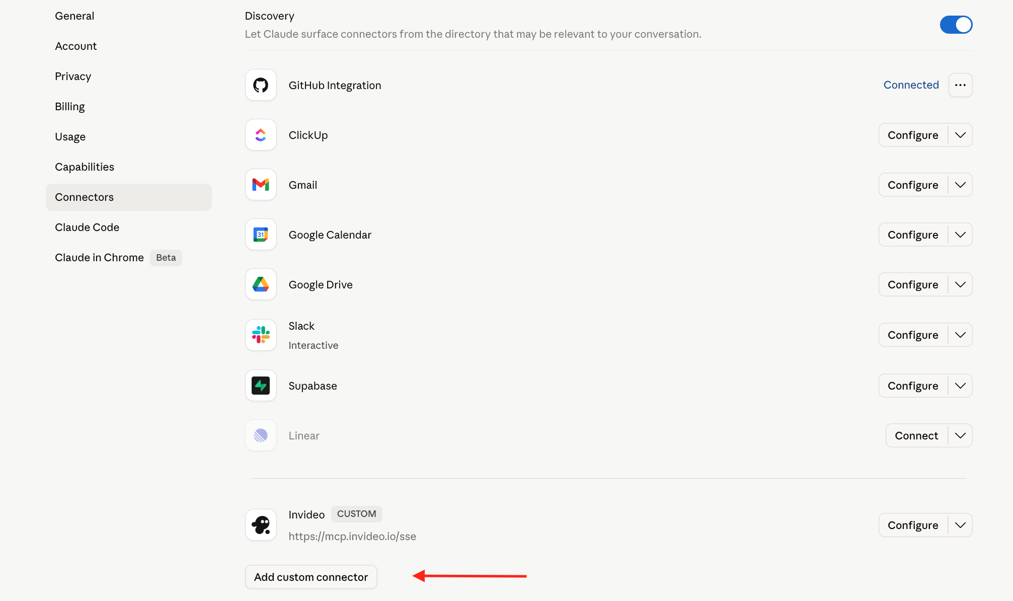 Connectors page - Add custom connector button