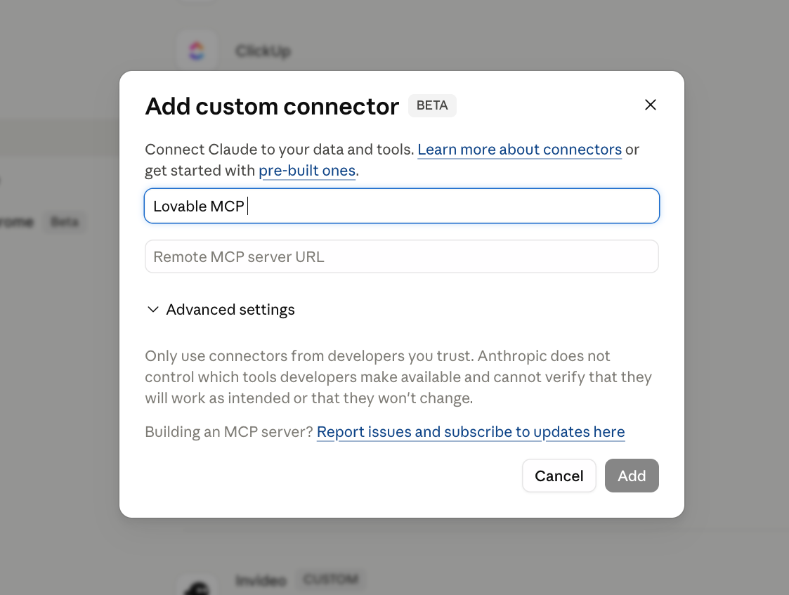 Add custom connector dialog - name field
