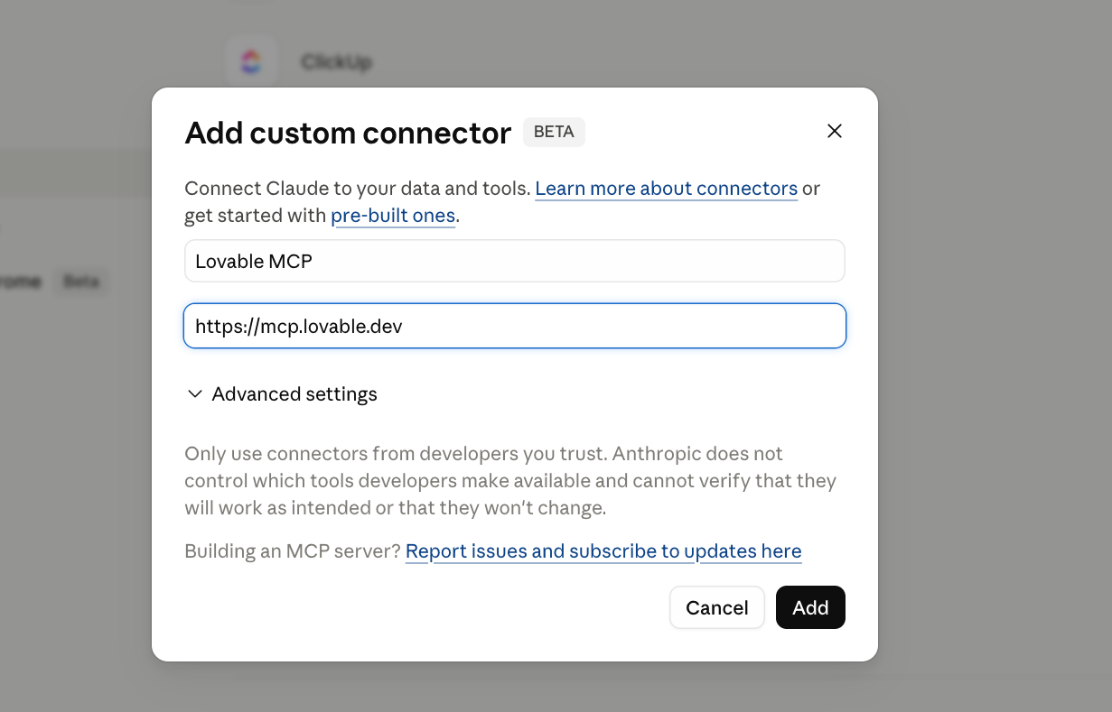 Add custom connector dialog - URL field filled