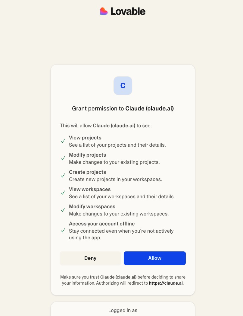 Lovable permission screen - click Allow