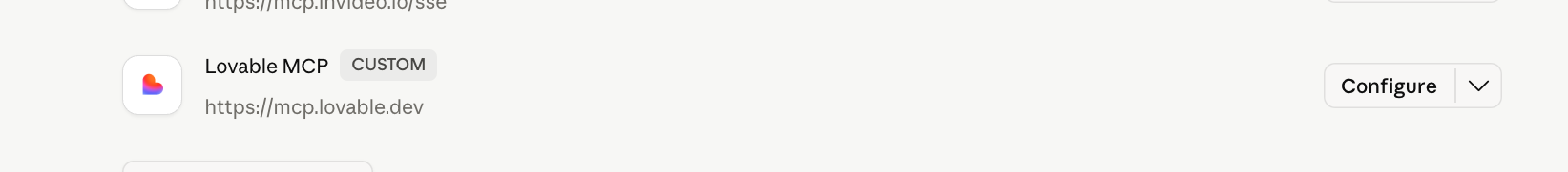 Lovable MCP connected - Configure button