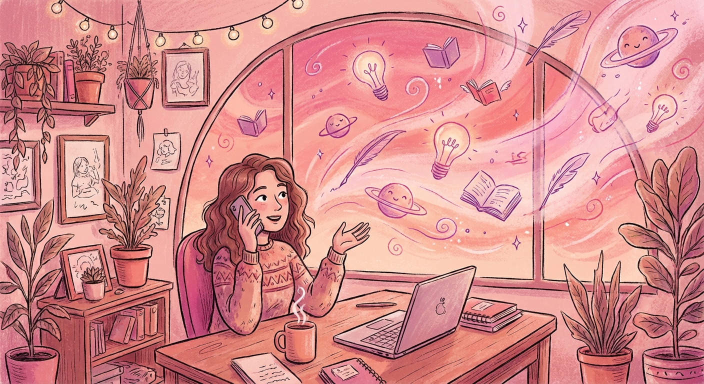 Woman at cozy desk with ideas floating through window