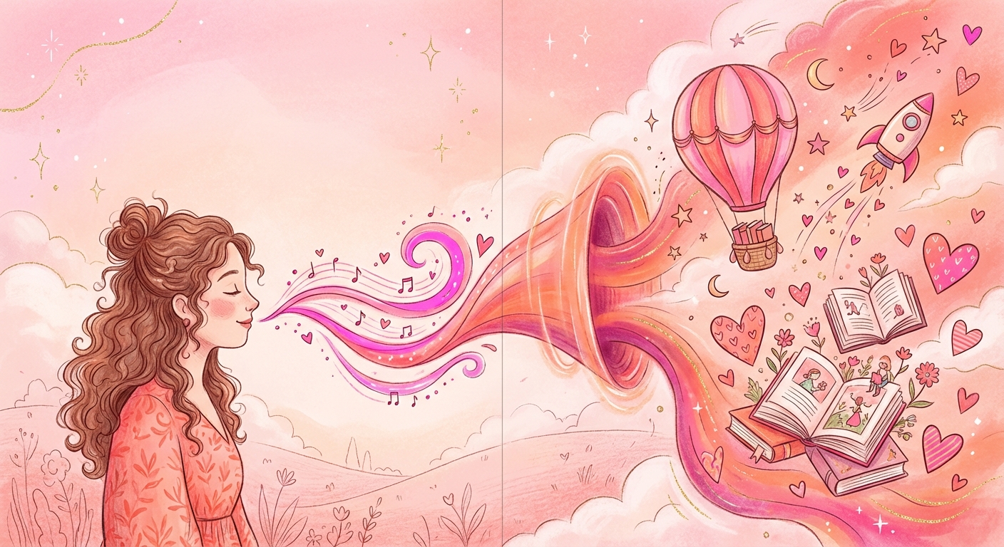 Voice transforming into art - books, balloons, rockets