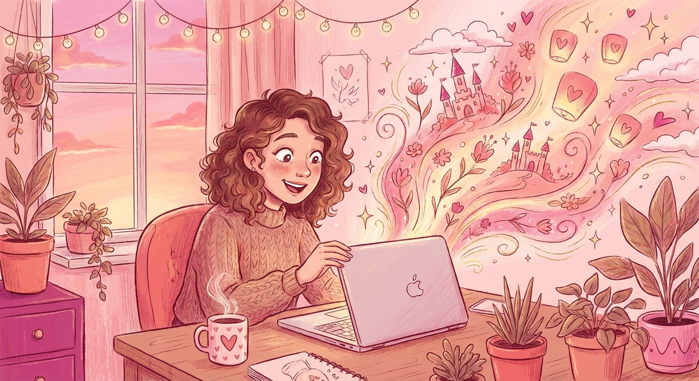 Magic moment - woman opening laptop with castles and lanterns floating out